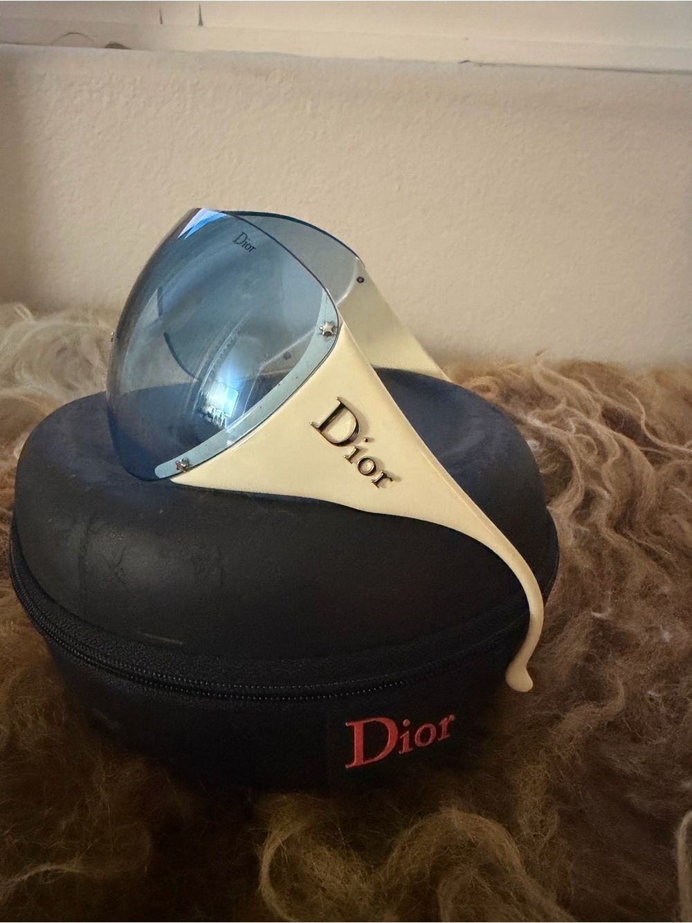 Dior Y2K Vintage Shield Blue Lens Sunglasses with Cream Frame